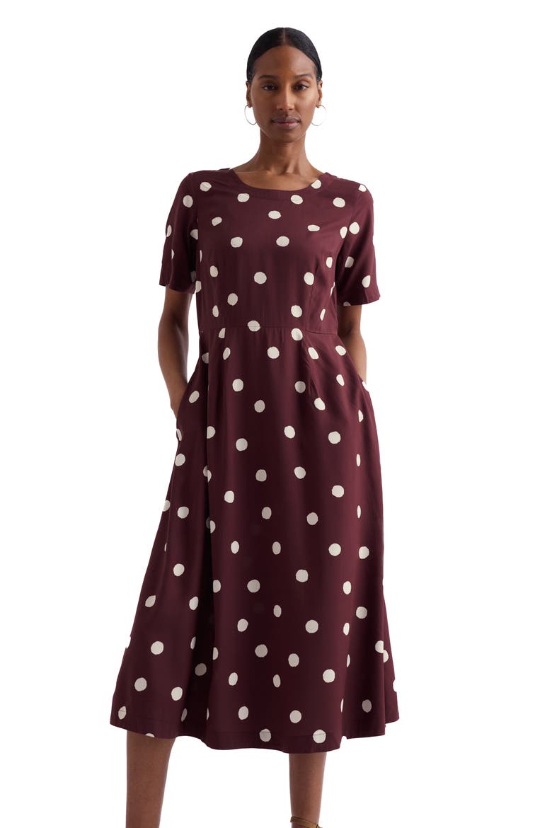 Tilly Polka Dot Midi Dress, Alternate, color, SPOT CACAO