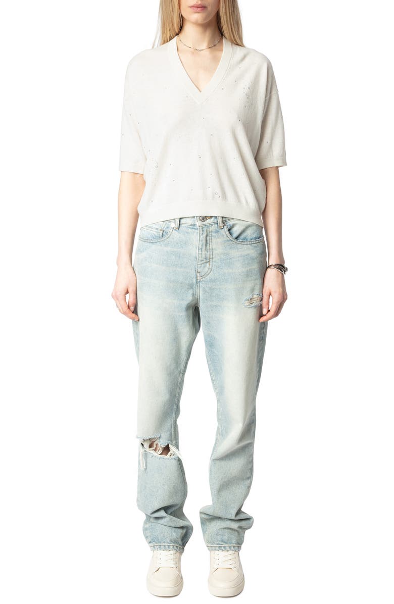 Zadig & Voltaire Wully Lico Embellished Linen Blend V-Neck Sweater, Alternate, color, Ecru