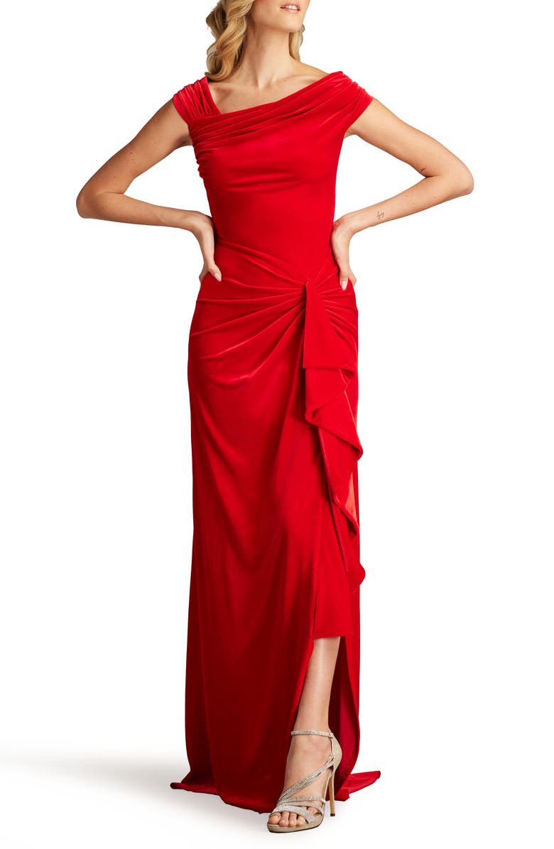 Tadashi Shoji Asymmetric Neck Side Ruffle Velvet Gown, Alternate, color, 