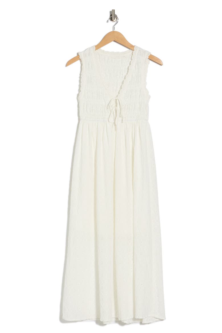 Tie Front Sleeveless Smocked Midi Dress, Alternate, color, WHITE