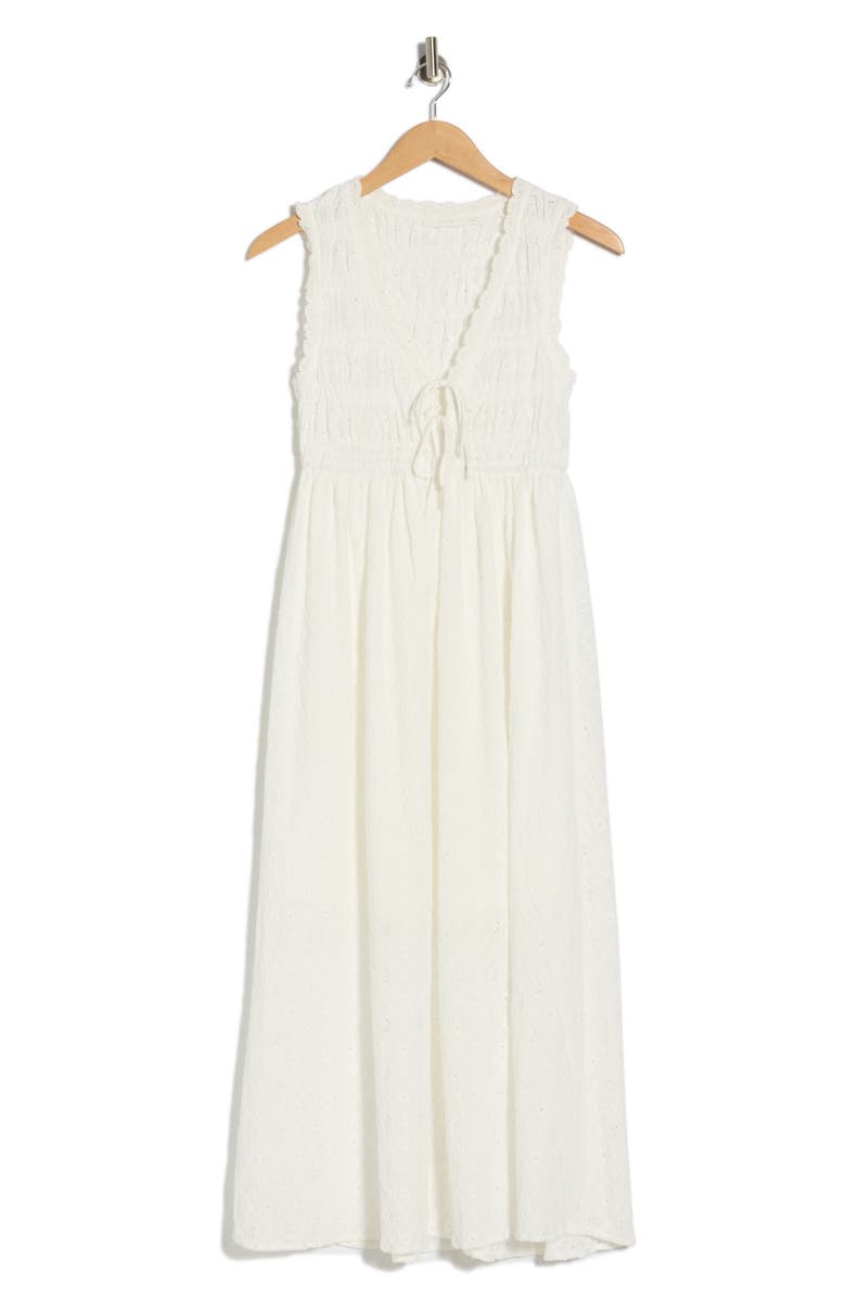 Lush Tie Front Sleeveless Smocked Midi Dress, Main, color, White