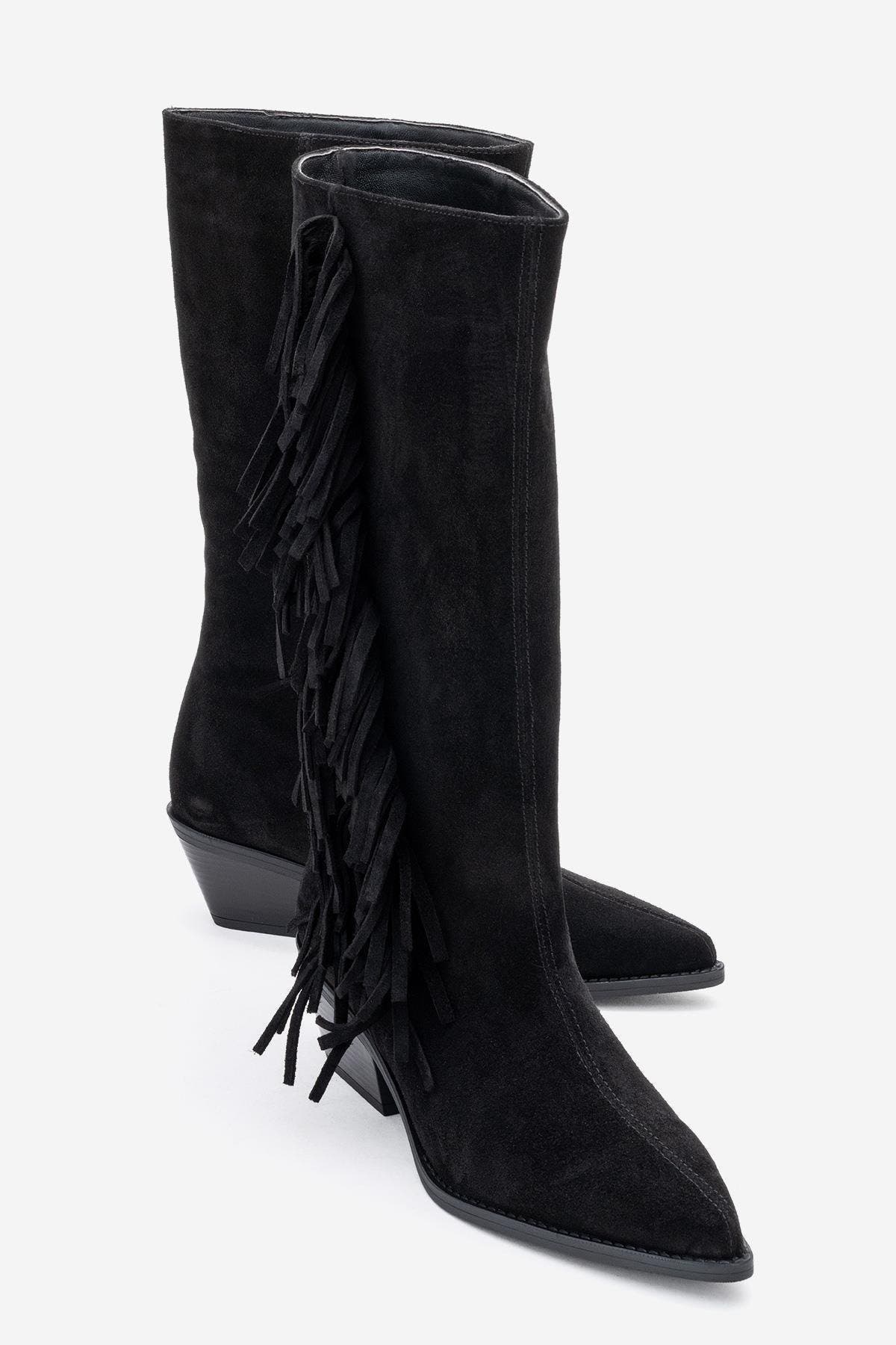 Forever & Always Shoes Orlo Leather Fringed Western Boot, Alternate, color, Black Leather