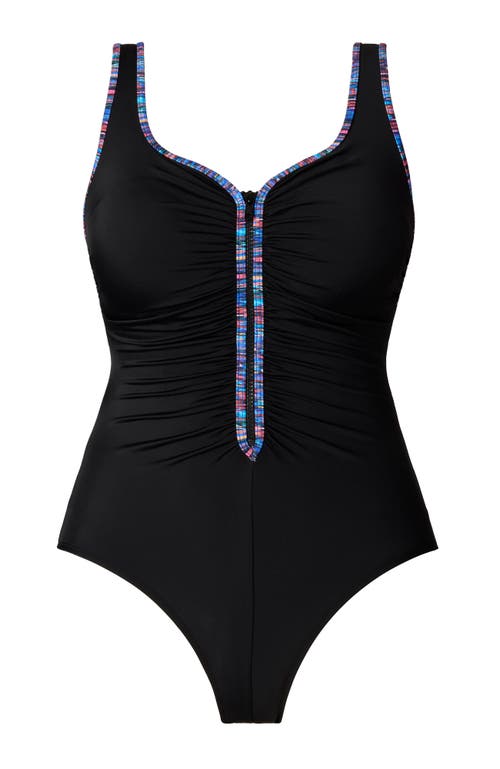 Shapesolver Sport Shirred Zipper Tank Chlorine Resistant One-piece Swimsuit In Black