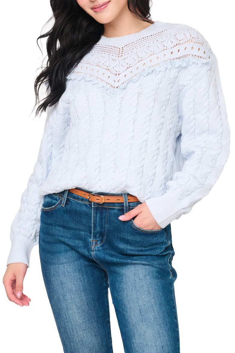 Lace Ruffle Cotton Blend Sweater, Main, color, ICY BLUE