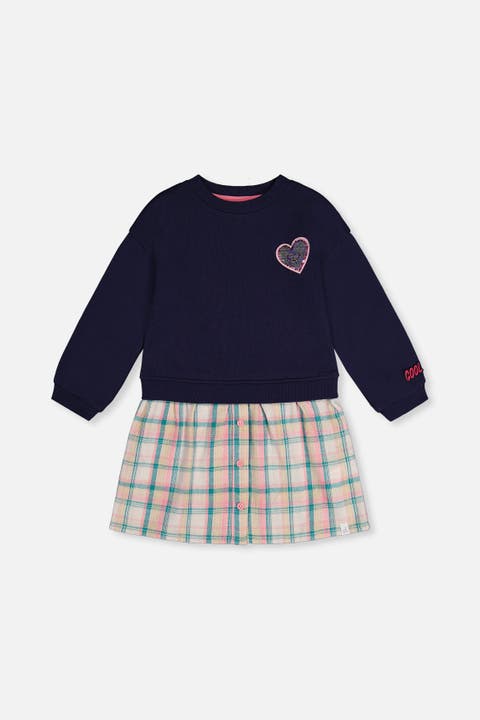 Bi-Material Fleece Plaid Hem Heart Appliqué Dress