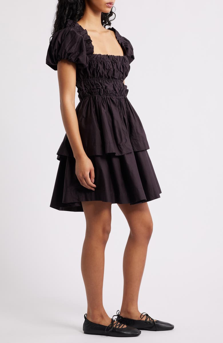 Damson Madder Lyza Ruffle Puff Sleeve Tiered Cotton Minidress, Alternate, color, Black