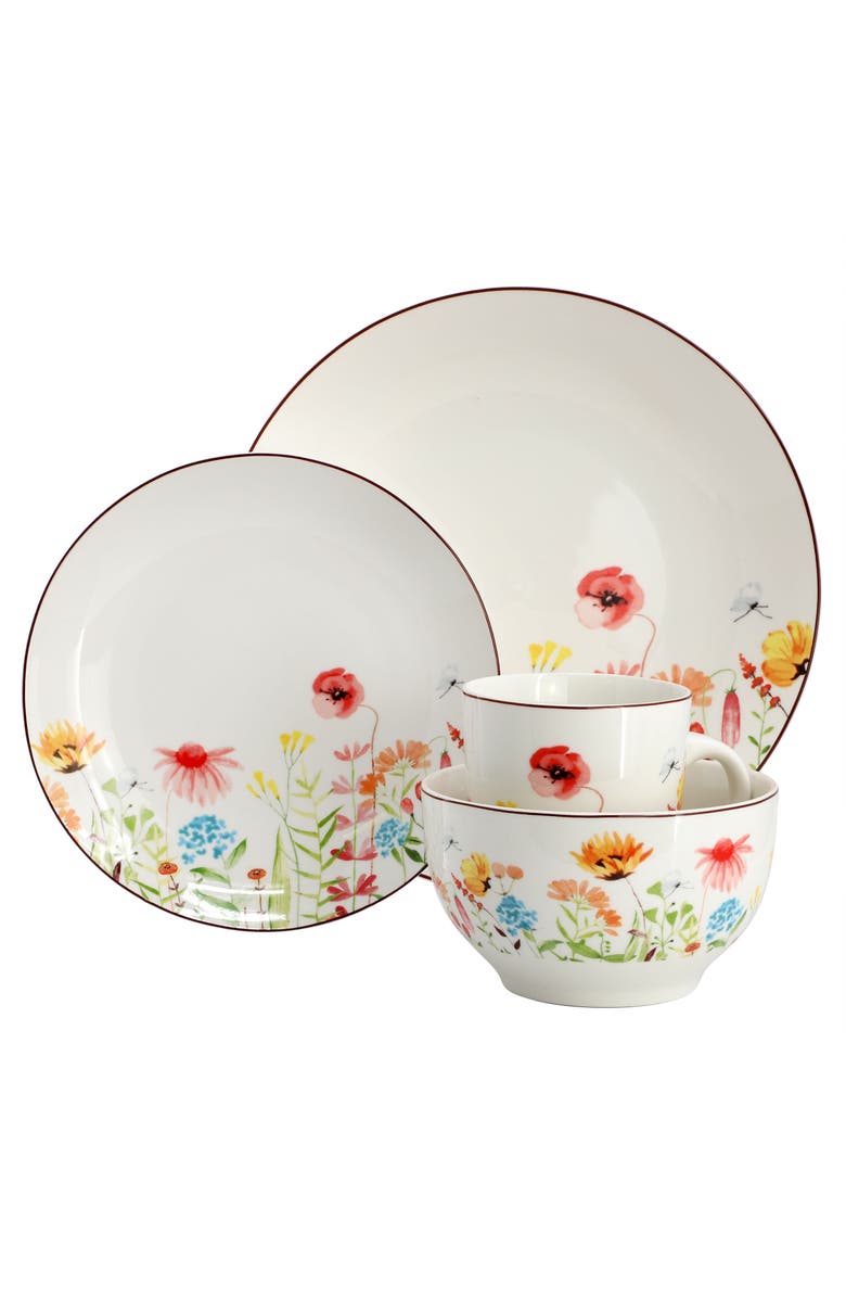 Elama Wildflower Meadow 16 Piece Stoneware Dinnerware Set, Alternate, color, White