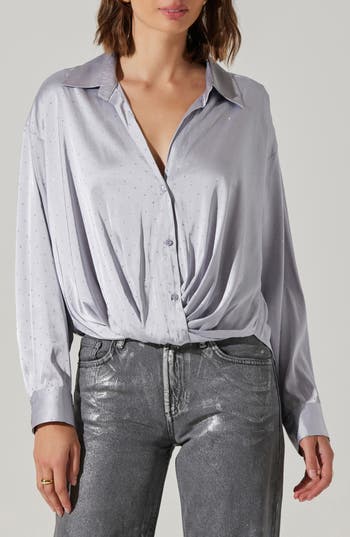 Astr The Label Sebio Crystal Embellished Button-up Shirt In Silver