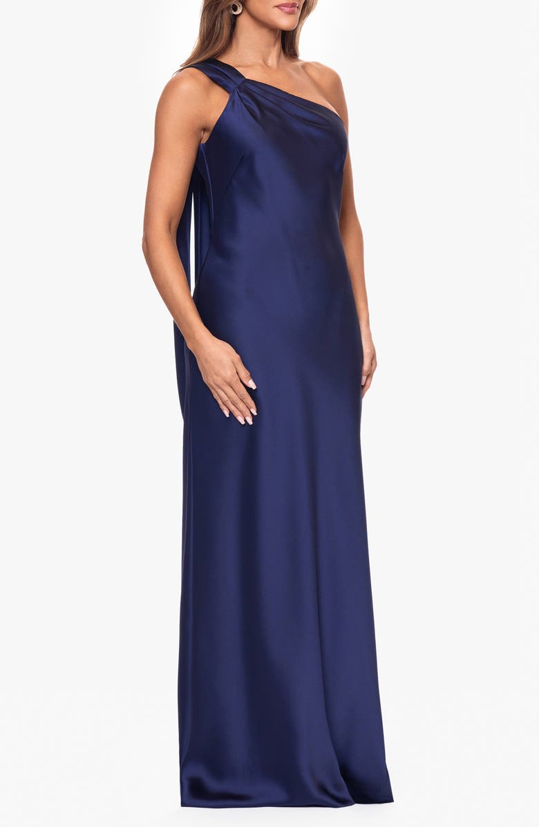Xscape Evenings One-Shoulder Satin Gown, Alternate, color, Navy