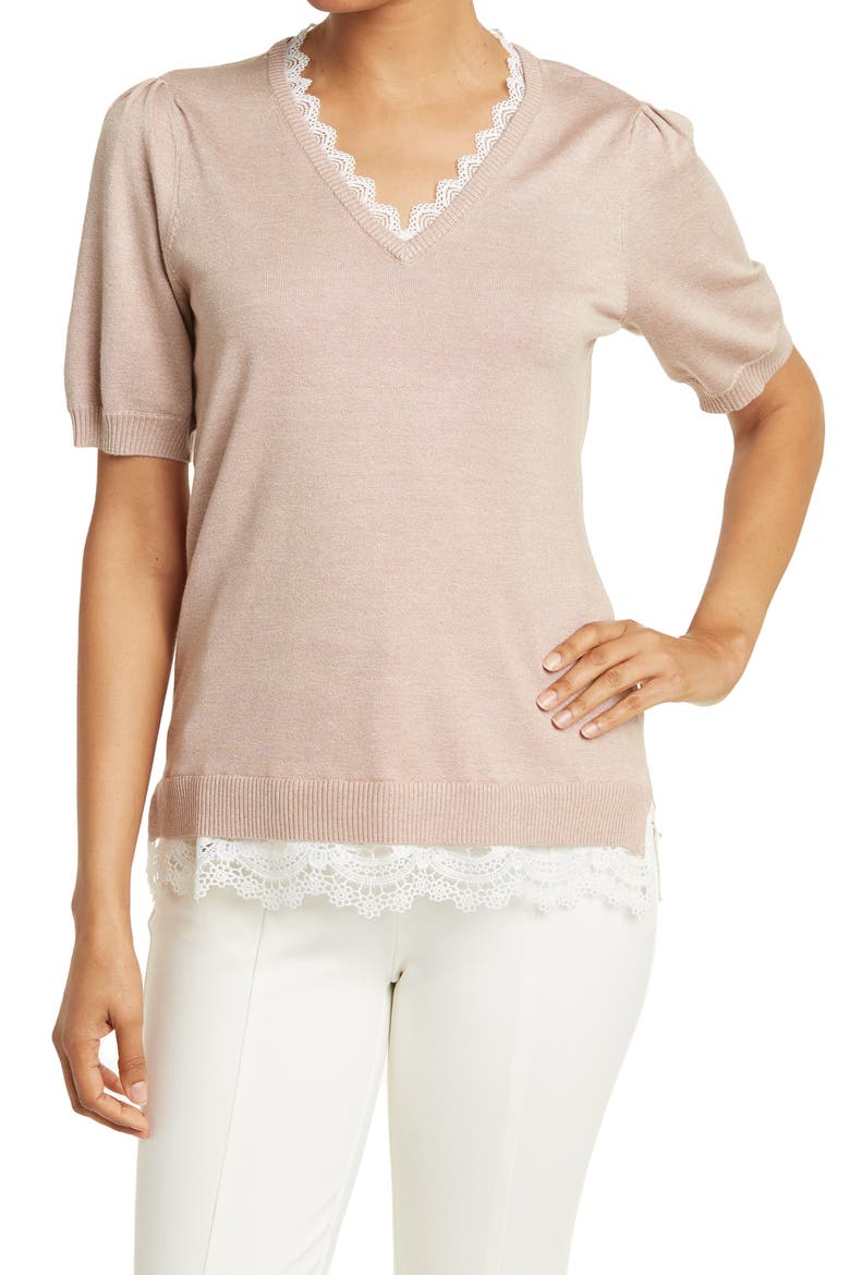 V-Neck Lace Trim Sweater Top, Main, color, HEATHER CAFE/ IVORY