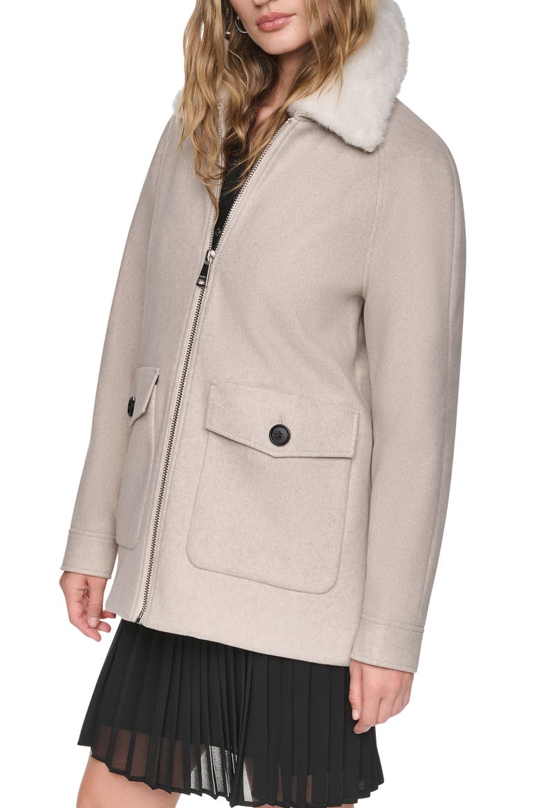 Faux Fur Collar Zip Coat, Alternate, color, BIRCH MLANGE AS STNDRD