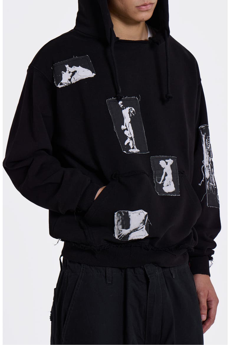 Devoted Graphic Patch Distressed Hoodie, Alternate, color, BLACK
