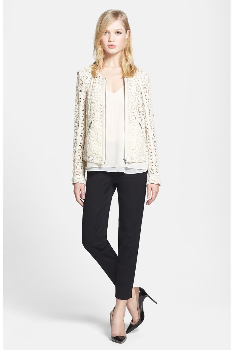 Faux Leather Trim Crocheted Jacket, Alternate, color, SAND SHELL