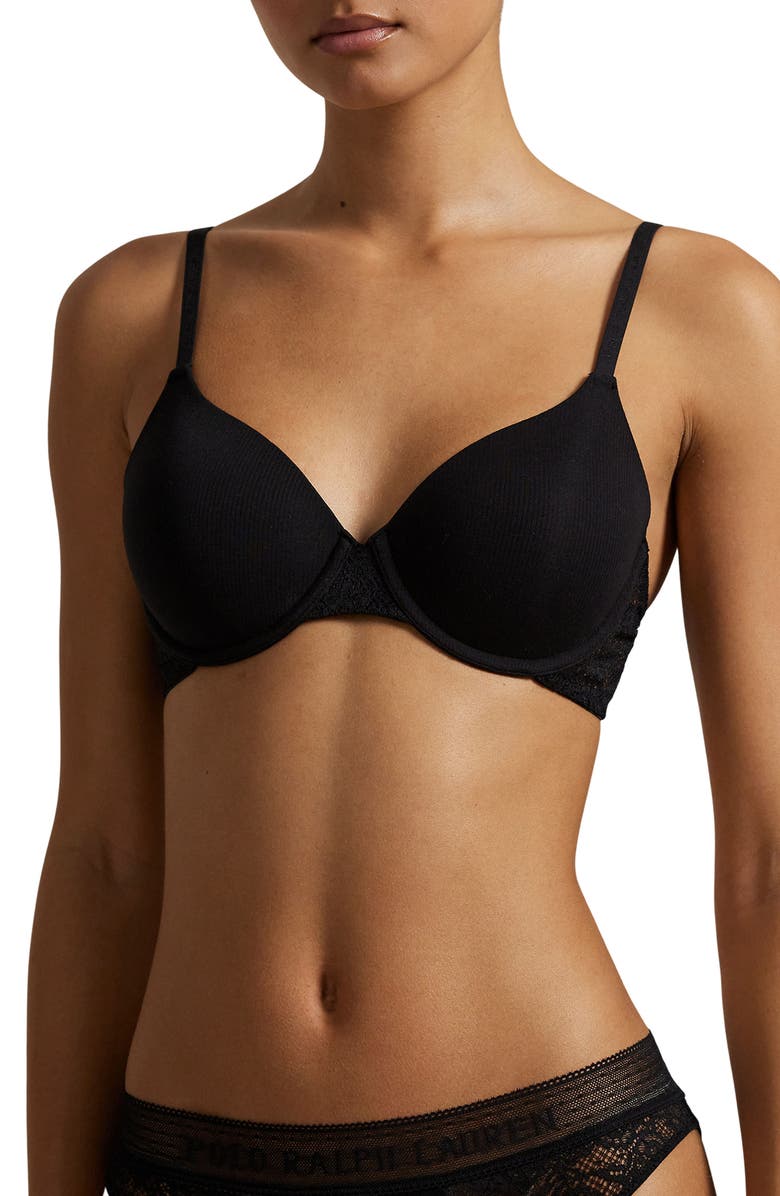 Polo Ralph Lauren Underwire Lace Demi T-Shirt Bra, Alternate, color, Onyx