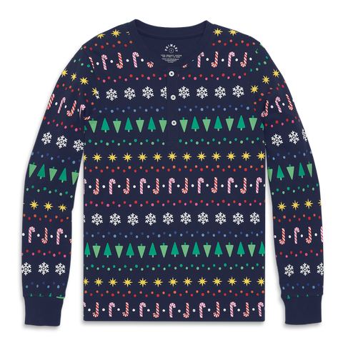 Unisex Fit Organic Long Sleeve Henley Pj Top In Rainbow Fair Isle