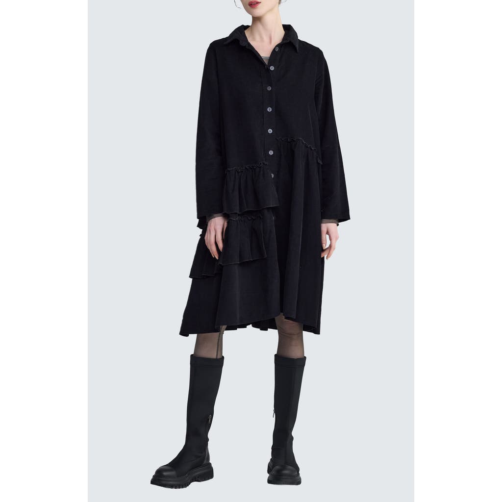 Luukaa Isolde Ruffled Cord Velvet Shirt Dress In Black