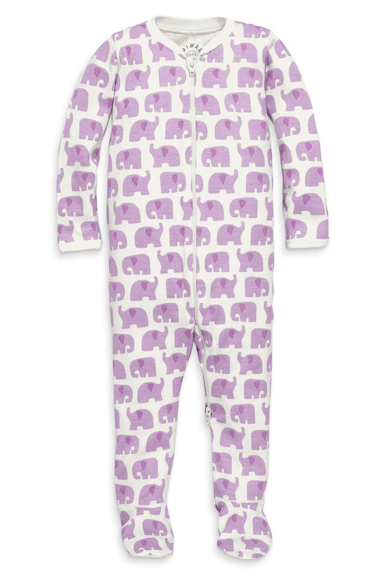 Animal Friends Organic Cotton Zip Footie, Main, color, LAVENDER BABY ELEPHANTS