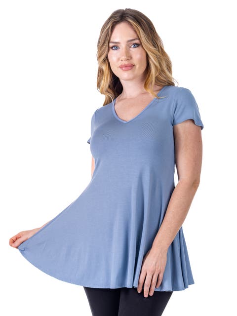 Short Sleeve Loose Fit Tunic Top with V-Neck