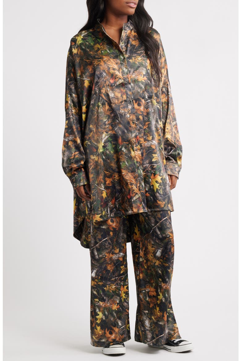 Camo Leaf Print Oversize Satin Button-Up Shirt & Pants Set, Main, color, CAMO
