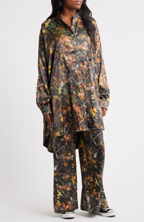 Camo Leaf Print Oversize Satin Button-Up Shirt & Pants Set