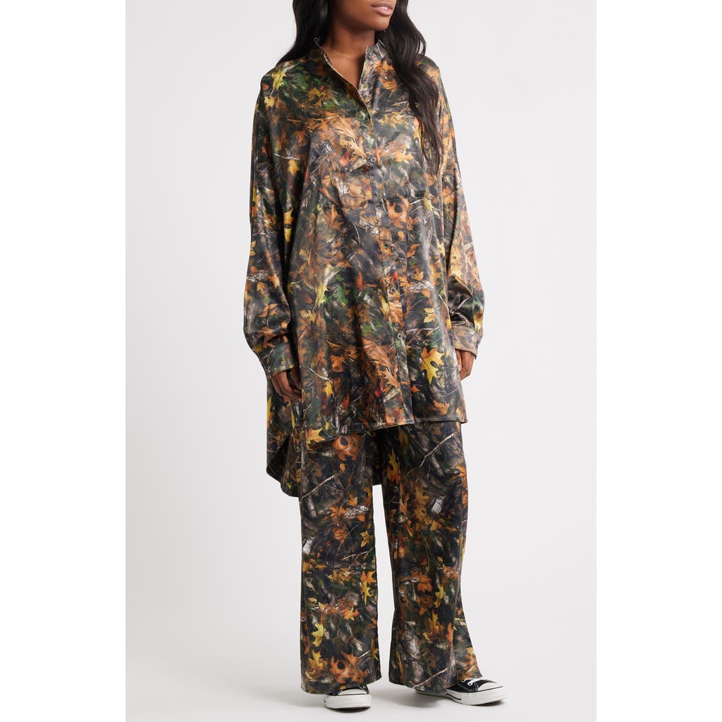 Dressed in Lala Camo Leaf Print Oversize Satin Button-Up Shirt & Pants Set  product