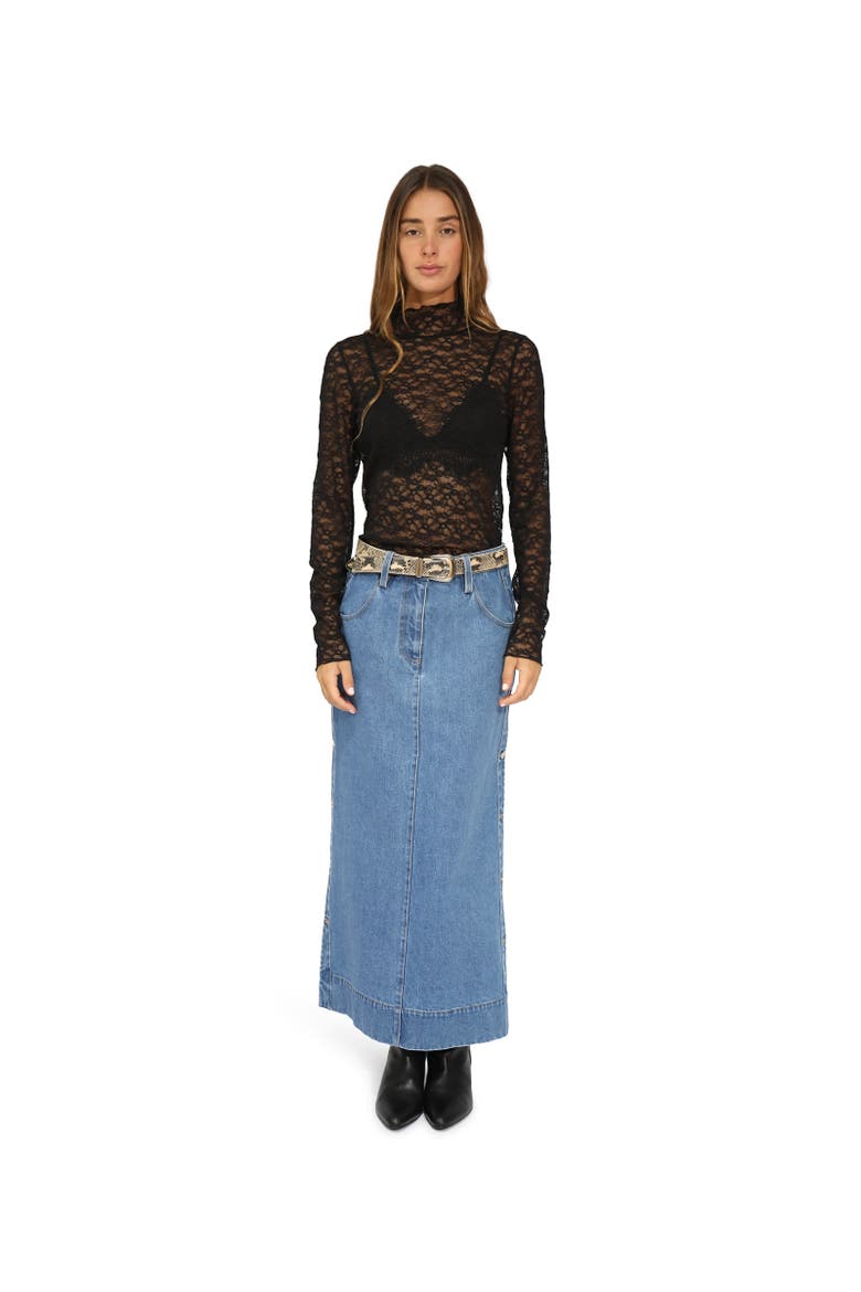 Edge Line Denim Maxi Skirt with Side Buttons, Main, color, Dark Blue