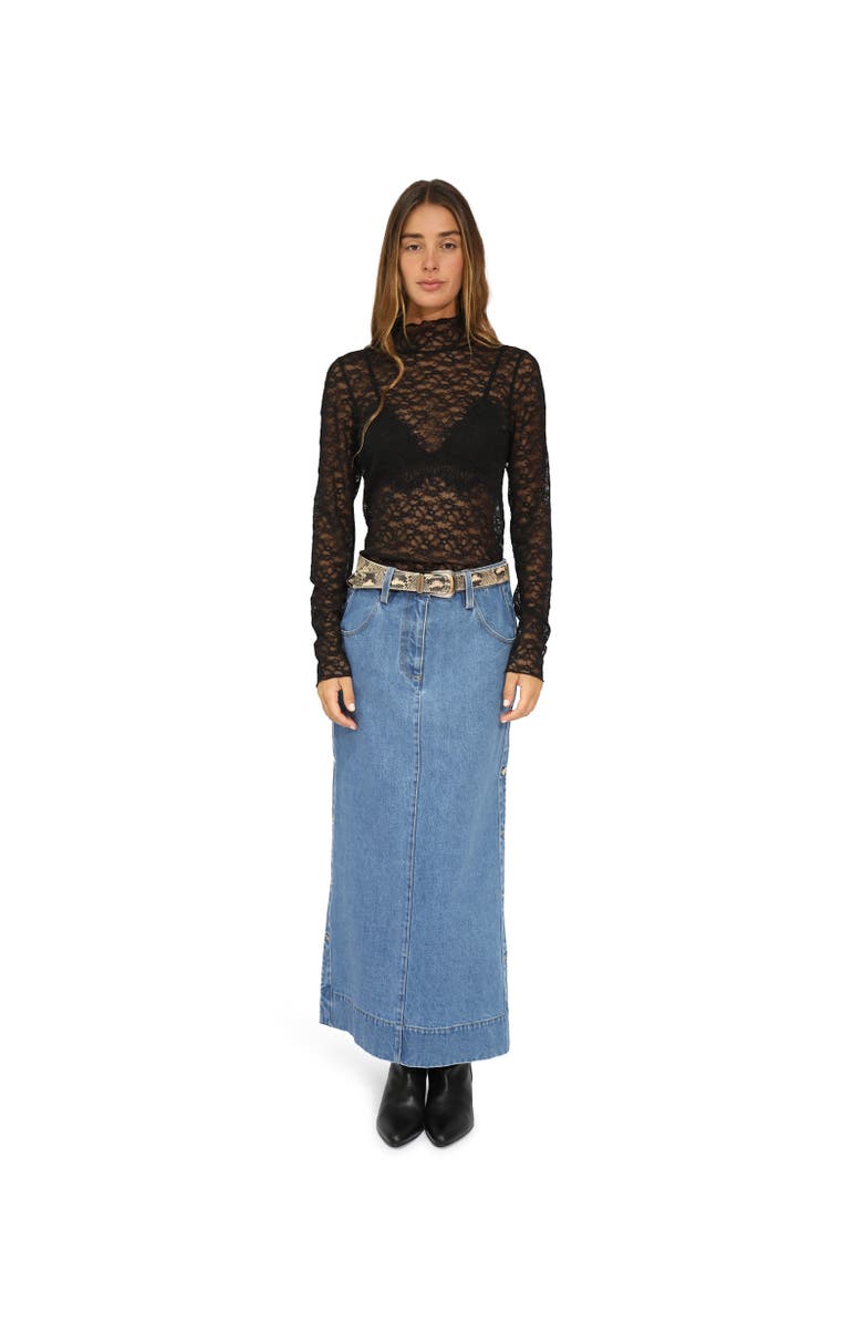 Belle & Bloom Edge Line Denim Maxi Skirt with Side Buttons, Main, color, Dark Blue