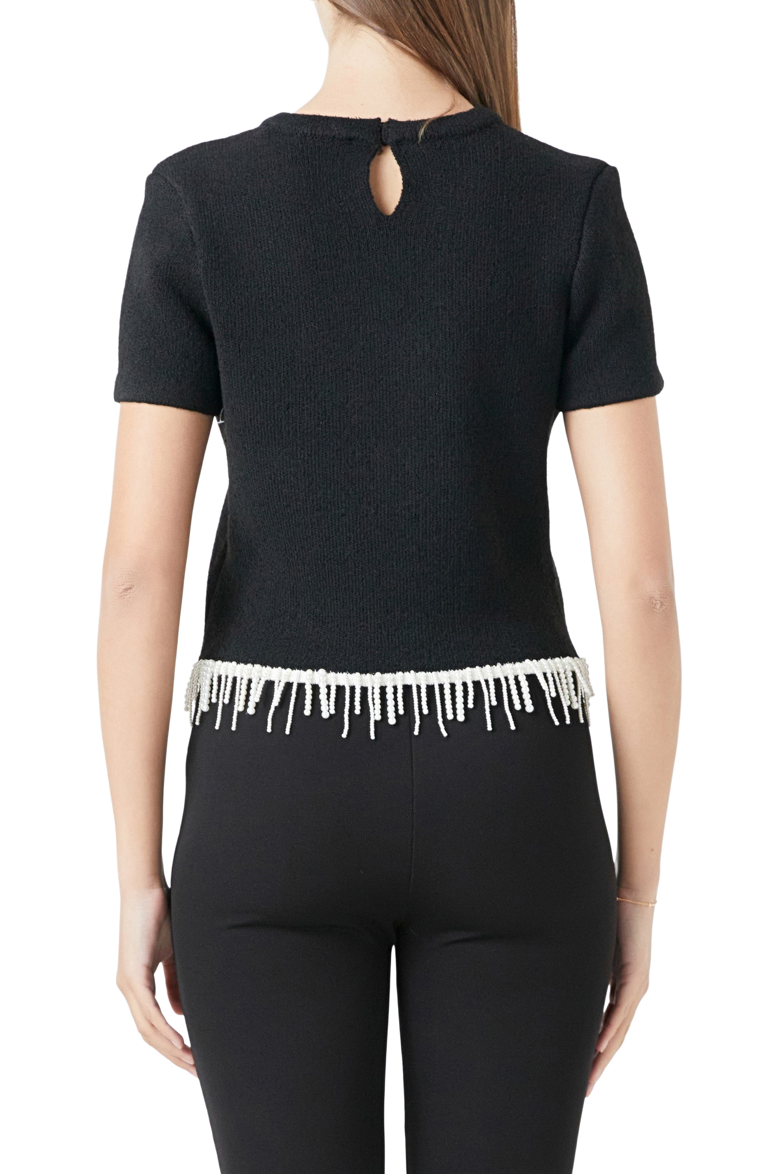 Imitation Pearl Hem Short Sleeve Sweater - image 2