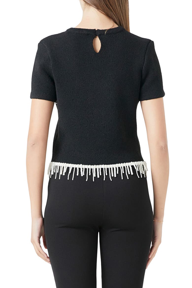 Imitation Pearl Hem Short Sleeve Sweater, Alternate, color, BLACK