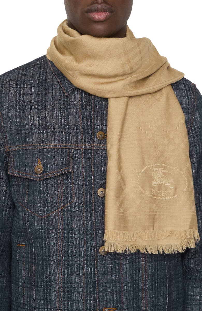 Burberry Check EKD Embroidered Wool & Silk Scarf, Alternate, color, Sand
