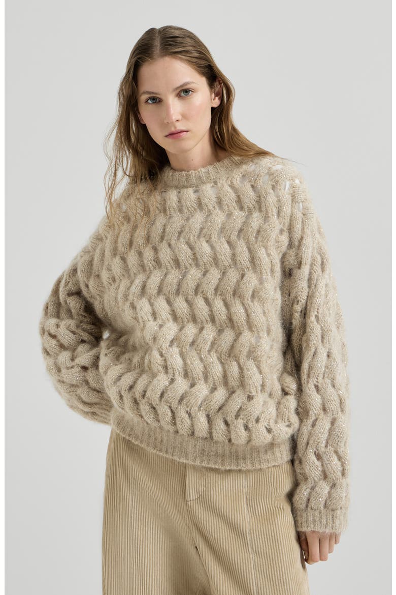 Dazzling zigzag cables sweater in mohair and wool, Main, color, Sand