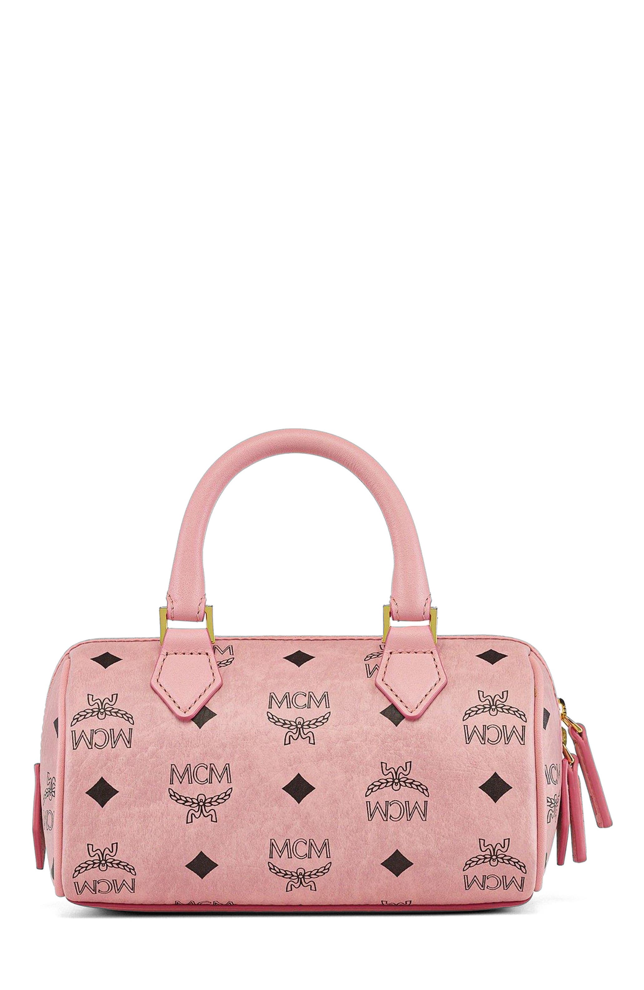 MCM Mini Ella Boston Bag in Visetos, Alternate, color, Soft Pink