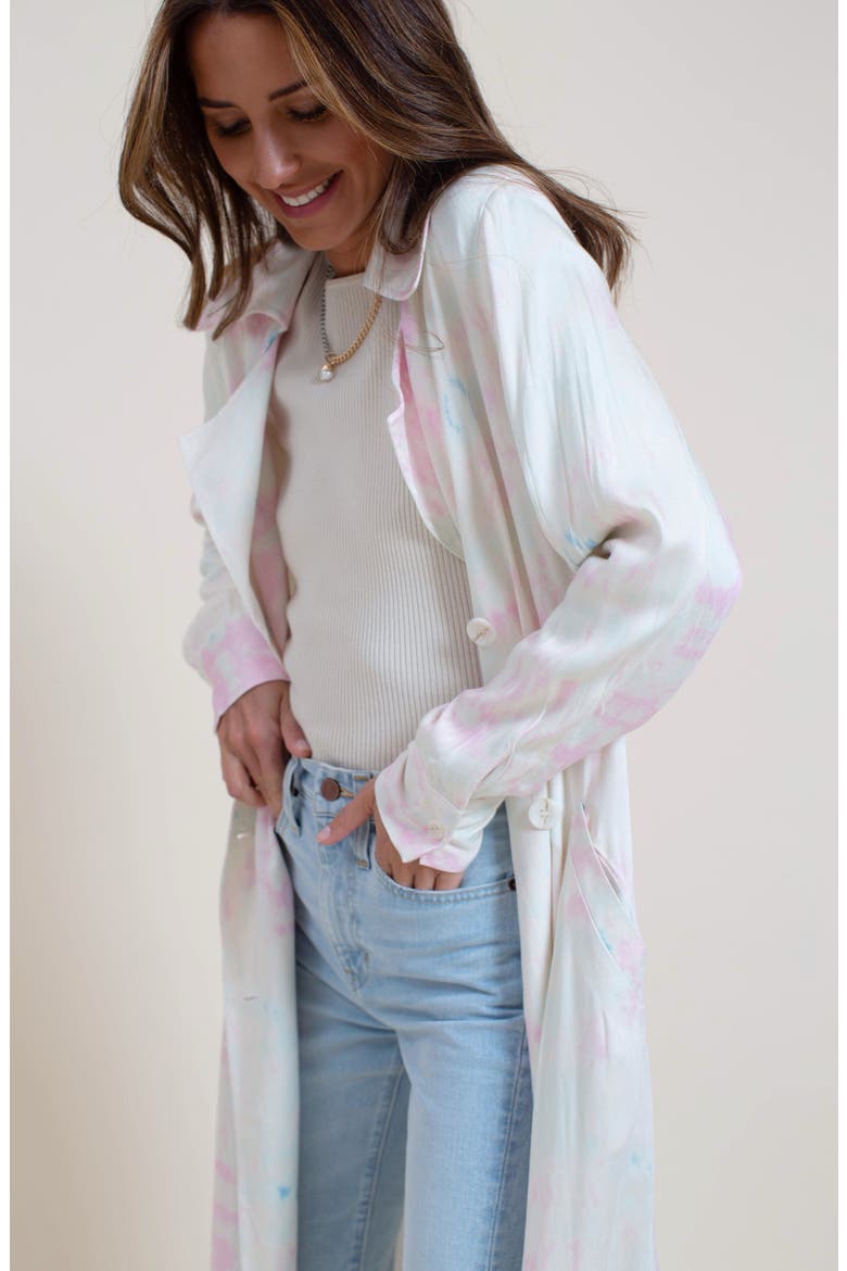 Satin Trench Coat (Nordstrom Exclusive), Alternate, color, PINK CHIFFON TIE DYE