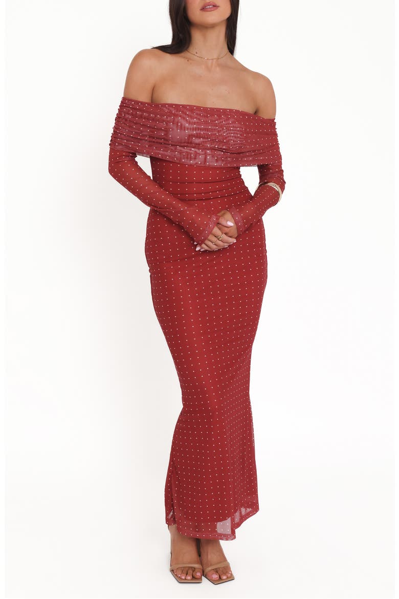 Zeva Off the Shoulder Long Sleeve Mesh Maxi Dress, Main, color, BURGUNDY SPOT