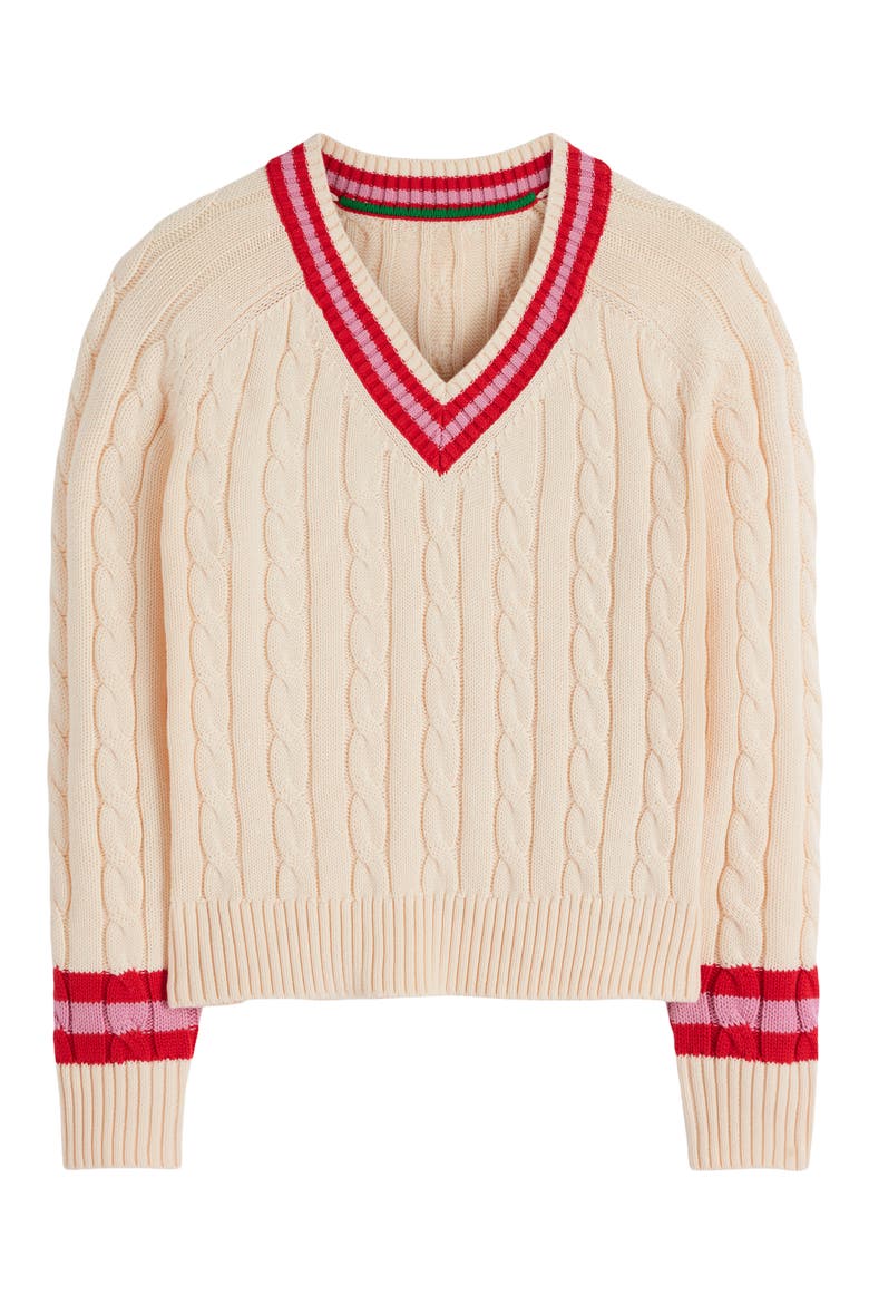 Maeve Cable Stitch Cotton V-Neck Sweater, Alternate, color, IVORY CABLE RED