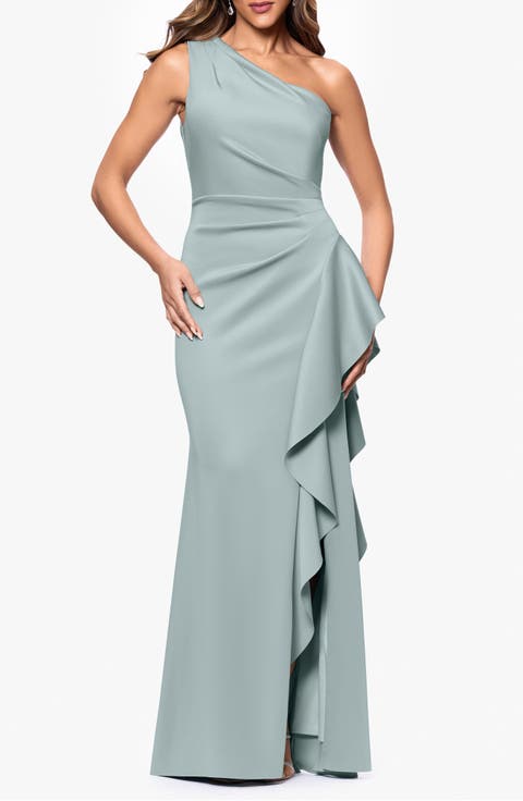One-Shoulder Ruffle Scuba Crepe Gown (Regular & Petite)