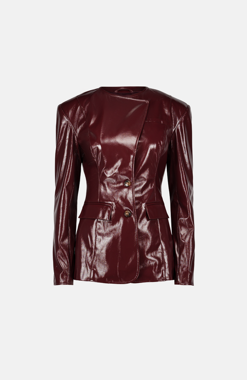Saemdi Sculptural Faux Leather Suit Jacket In Burgundy