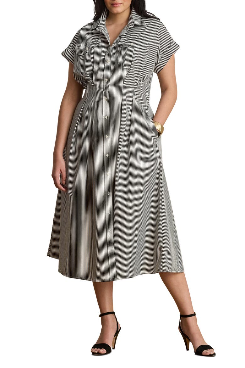 Striped Pleated Broadcloth Midi Shirtdress, Alternate, color, BLACK/ WHITE