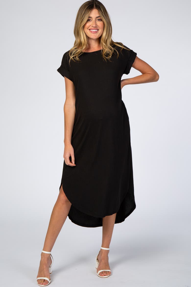 Ribbed Curved Hem Midi Dress, Main, color, Black