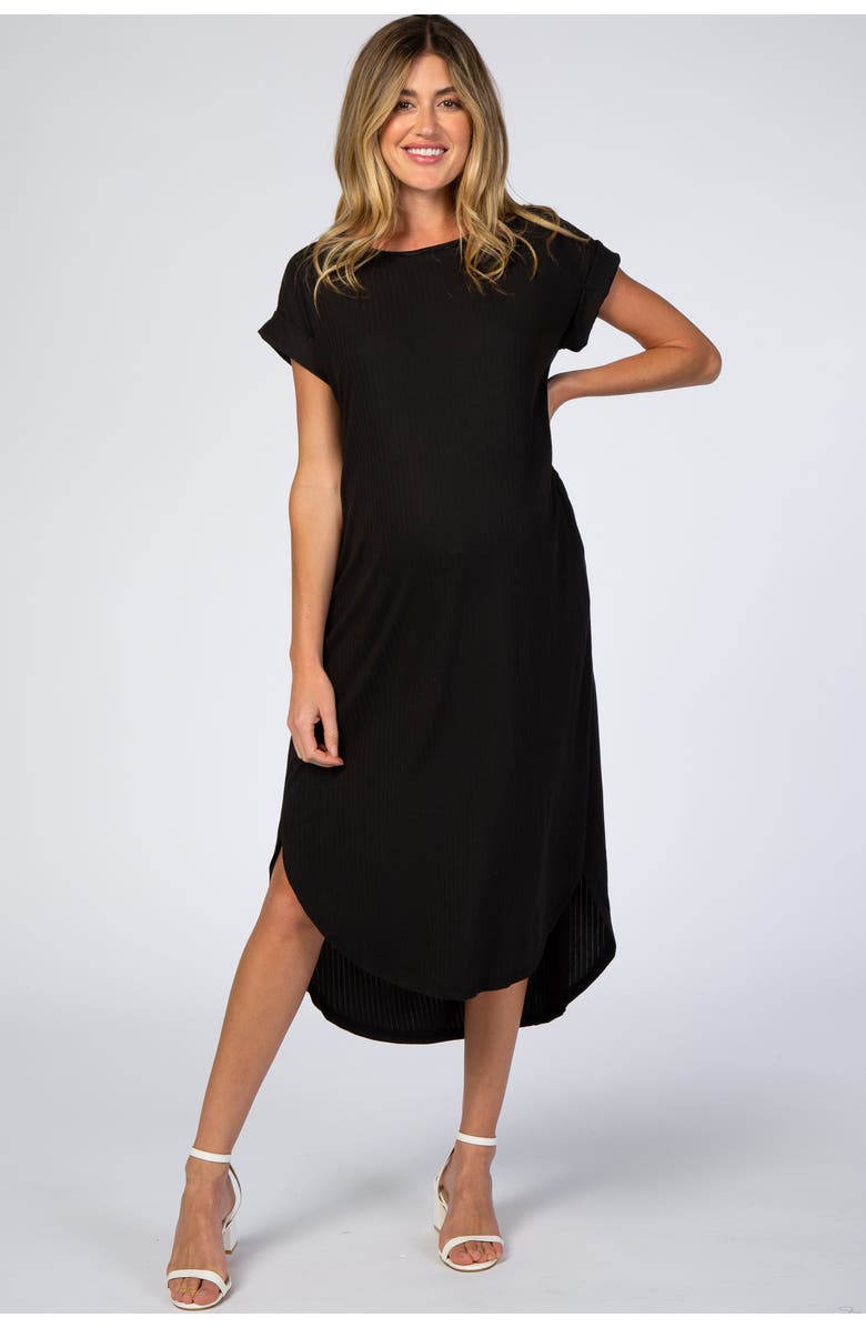 PinkBlush Ribbed Curved Hem Midi Dress, Main, color, Black
