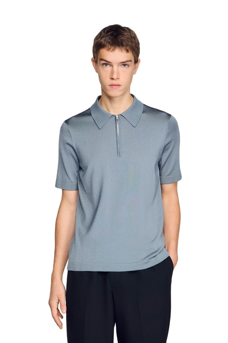 Knitted polo with zip collar, Main, color, Grey / blu