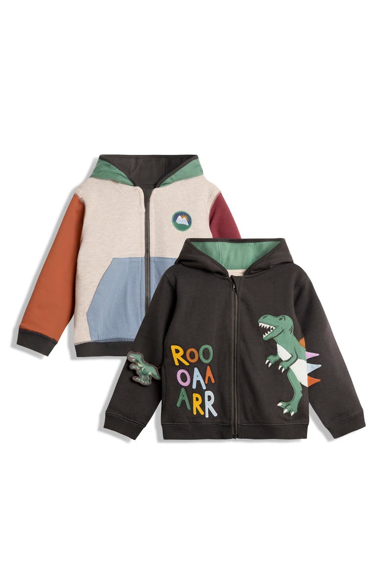 JOJO MAMAN BEBE Kids' T-Rex Appliqué Reversible Cotton Zip-Up Hoodie, Alternate, color, Charcoal