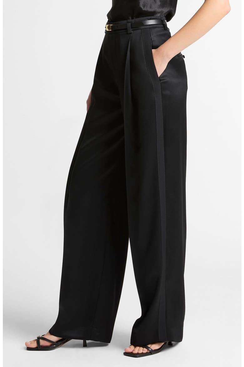 Pleated High Waist Satin Pants, Alternate, color, BLACK