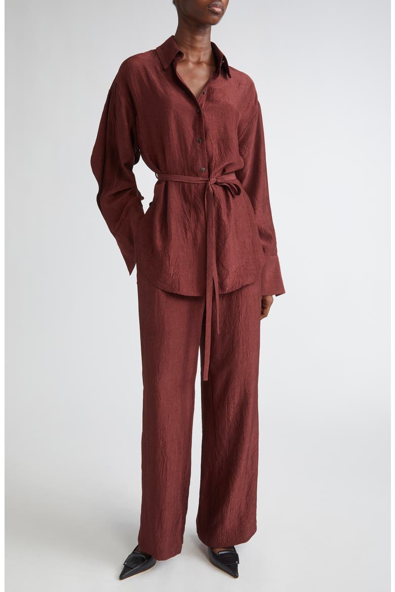 Oversize Belted Crinkled Satin Button-Up Top, Alternate, color, MEDJOOL