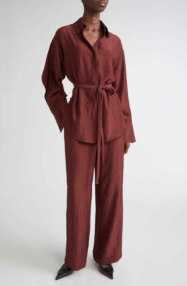 Jason Wu Collection Oversize Belted Crinkled Satin Button-Up Top, Alternate, color, Medjool