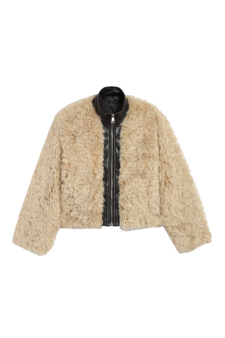 Lillet Pluche™ Bomber Jacket with Faux Leather Bib, Alternate, color, NOIR/ BONE