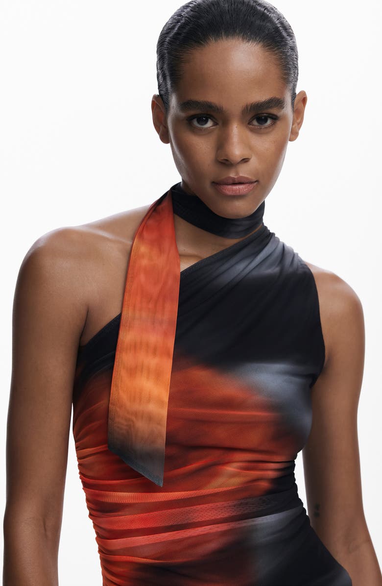 Desigual Tie Neck One Shoulder Top, Alternate, color, Black