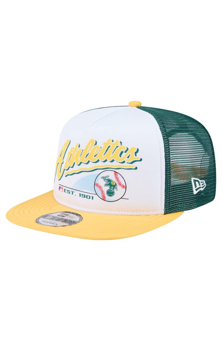 New Era Men's New Era White/Gold Athletics Retro Script Trucker 9FIFTY Snapback Hat, Main, color, 