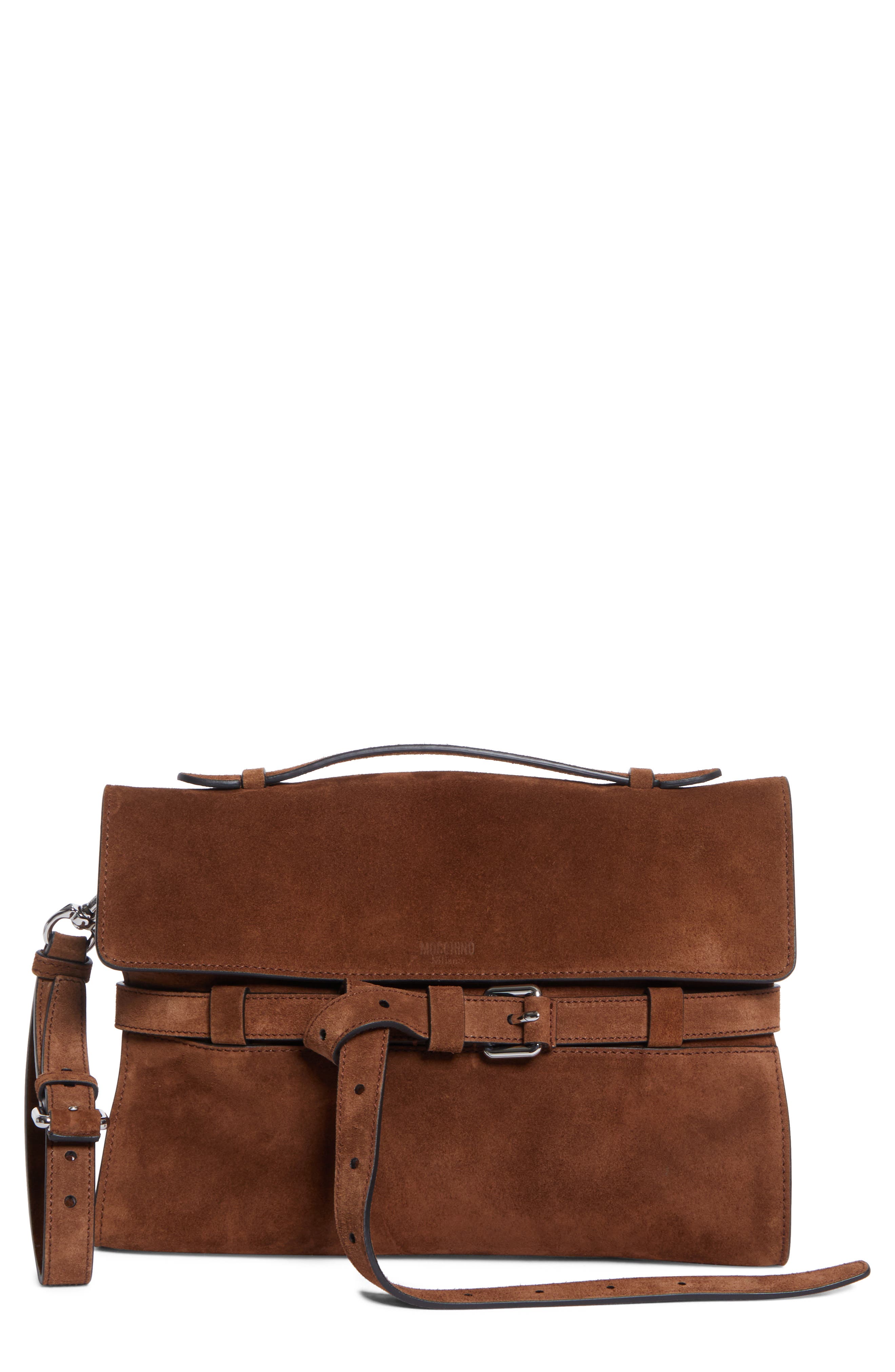 Moschino Tie Me Suede Clutch, Main, color, Brown