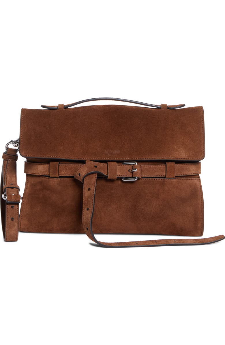 Moschino Tie Me Suede Clutch, Main, color, Brown